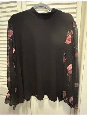 CeCe Black Blouse with Pink Floral Sheer Sleeves